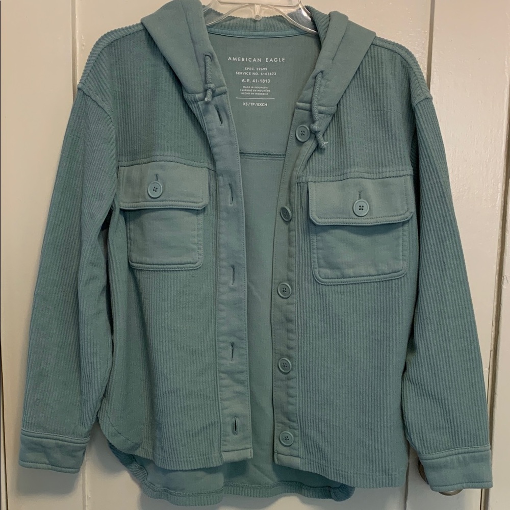 American Eagle Oversized Long Sleeve Hoodie Shacket Shirt-Jacket Button Front
